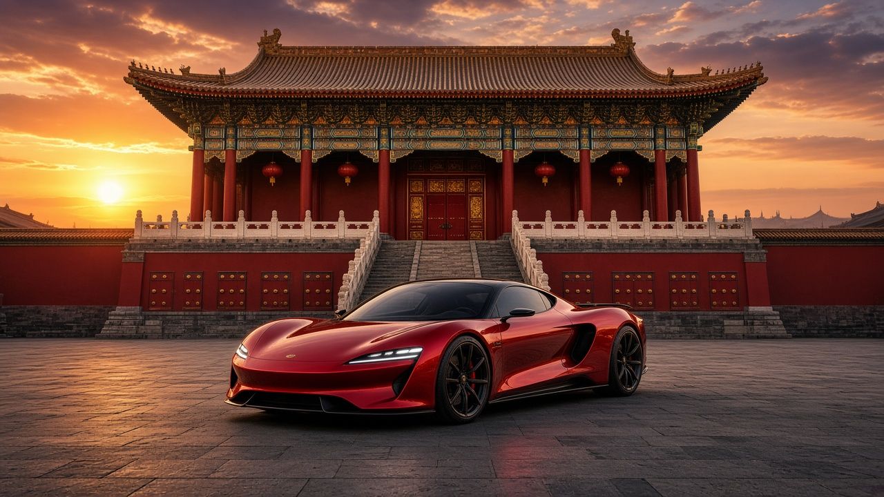 A red sports car parked in a palace courtyard